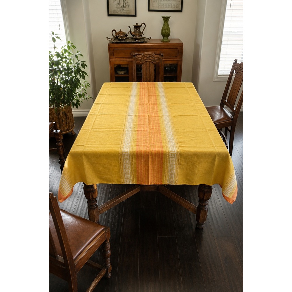 Vintage Mustard Apricot Linen Blend Tablecloth 58x82 Greek Key Border 70s 80s